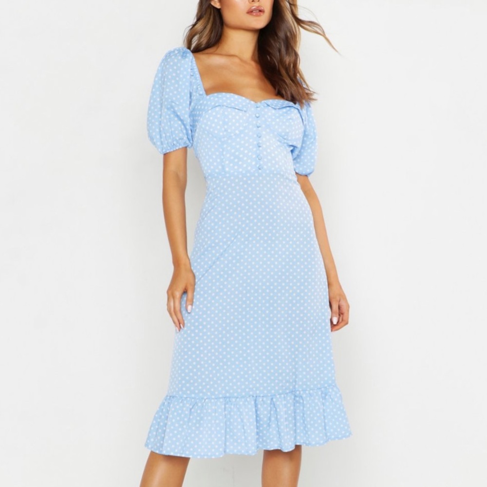 BOOHOO PUFF SLEEVE BUSTIER RUFFLE HEM POLKA DOT MIDI dress